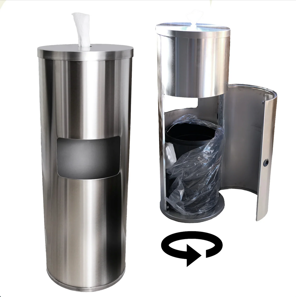 Stainless steel trash can with open lid and wipes inside