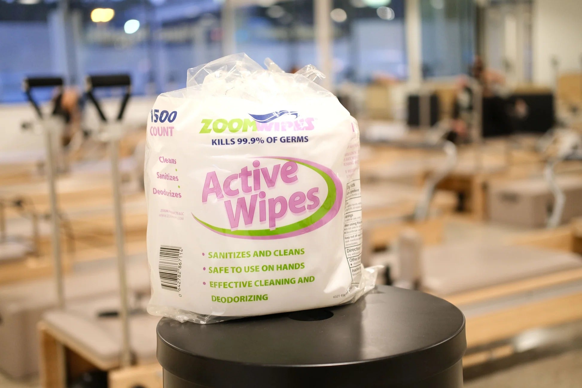 Pack of ZoomWipes active sanitizing wipes on table